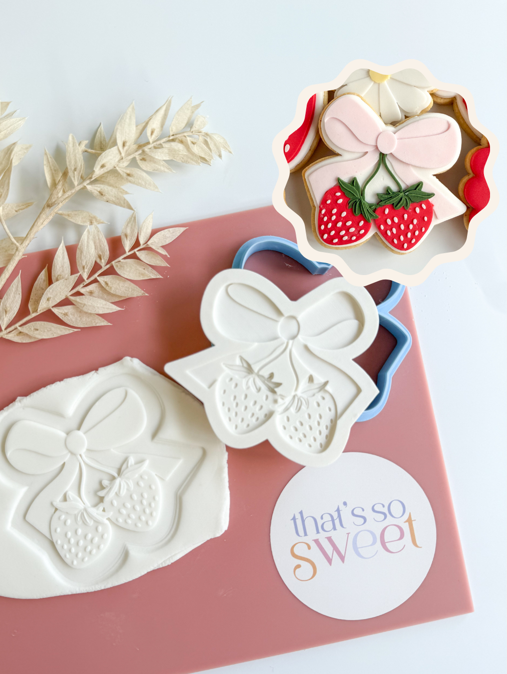 Strawberries with bow cookie stamp and cutter